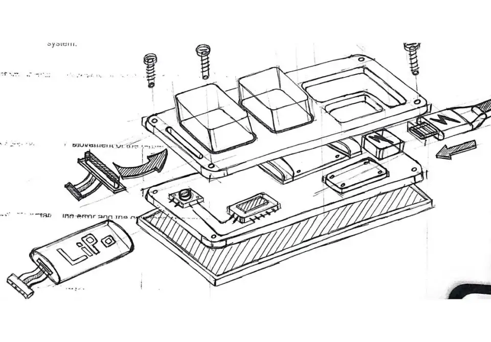 A pencil sketch of an electronics enclosure drawn exploded, with its lid, trays, screws and LiPo battery.