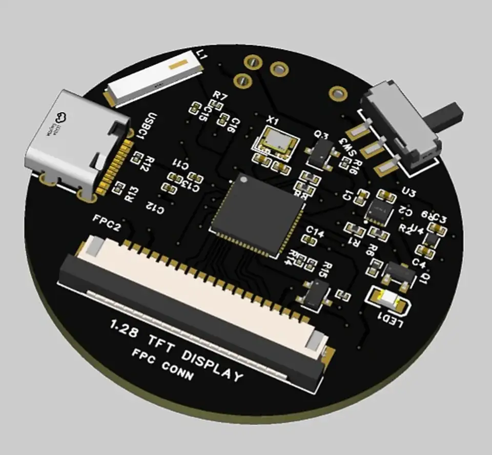 Render of the round black ESP32-S3 smartwatch board, with its USB-C port and display connector.